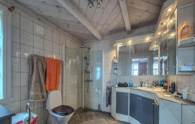 a bathroom with a shower and a toilet and a sink at Awesome Home In Bekkjarvik in Bekkjarvik
