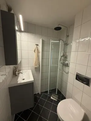 a bathroom with a shower and a toilet and a sink at Apartment in Bergen in Bergen