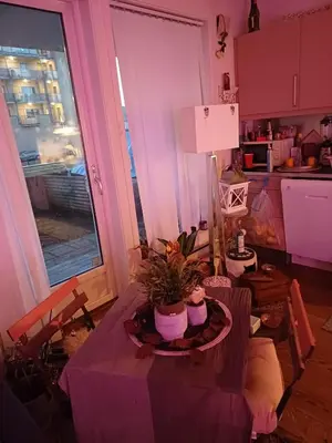 a kitchen with a table with a potted plant on it at Sentrums nærsentrum tur og sjø på hundvåg in Lii