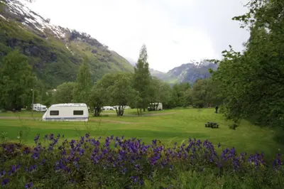 a white tent in a field with trees and mountains at Vinje Camping in Geiranger
