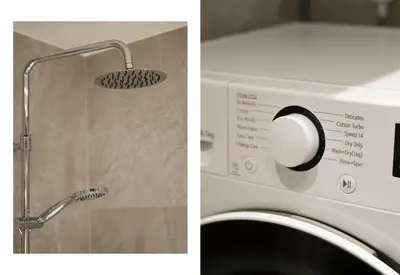 a close up of a washing machine with a door at Scandinavian Design in Authentic Nordnes in Bergen