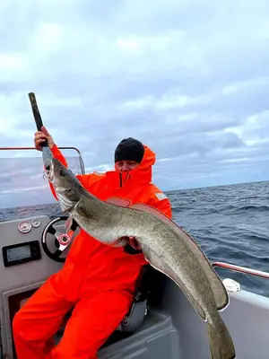 a man holding a large fish in a boat at Home in Sylta
