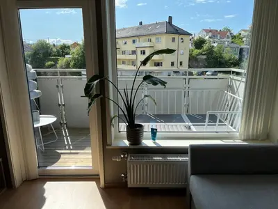 a window with a potted plant on a balcony at Nice apartment in modern complex near Old Bergen in Bergen