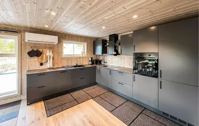 a kitchen with stainless steel appliances and a wooden ceiling at Stunning Home In Sjusjøen With Sauna in Sjusjøen
