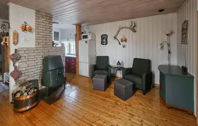 a living room with two chairs and a stove at 4 Bedroom Amazing Home In Rødberg in Rødberg