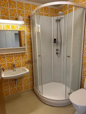 a bathroom with a shower and a sink at Small apartment in Meldal in Syrstad