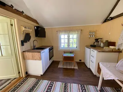 a small kitchen with a sink and a stove at Lite hus i hagen in Malvik