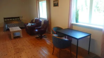 a living room with a table and chairs and a bed at Studio apartment 48m2 in Hølera