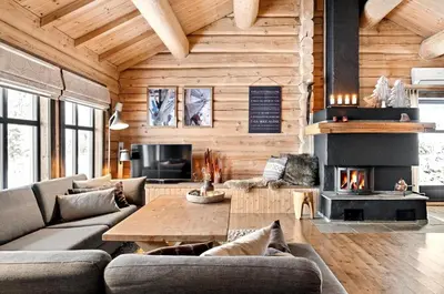 a living room with a couch and a fireplace at Large and cozy family cabin with sauna in Trysil