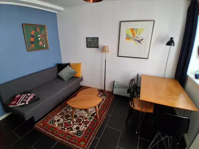 a living room with a couch and a table at Appartement calme et central sur Bergen in Bergen