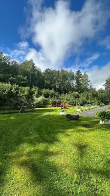 a grassy field with a road and trees in the background at One bedroom apartment close to Asker centrum in Lii