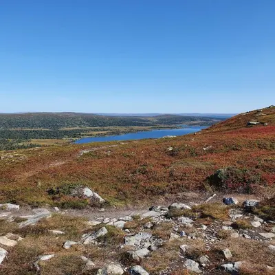 a view from the top of a hill with a lake at Cabin Lillehammer, Nordseter, Sjusjøen in Lillehammer