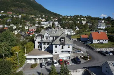 an aerial view of a large house in a town at Ole Bull Akademiet in Vossevangen