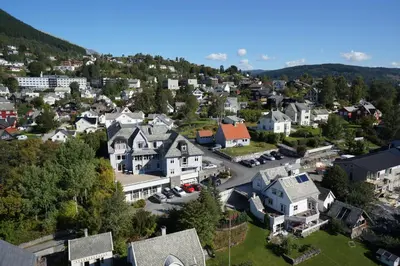 an aerial view of a small town with houses at Ole Bull Akademiet in Vossevangen