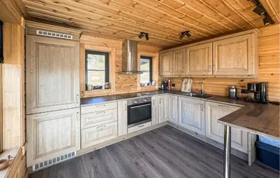 a kitchen with white cabinets and a wooden ceiling at Stunning Home In Engerdal With Wifi in Nymoen