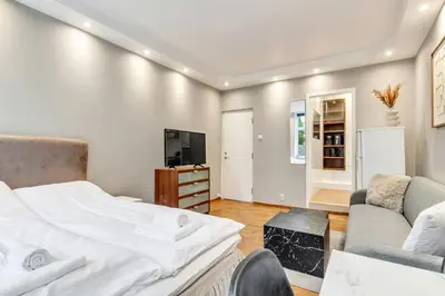 a bedroom with a bed and a tv and a couch at Fløyen Apartments in Bergen