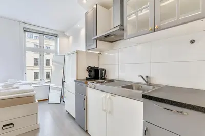 a white kitchen with a sink and a refrigerator at Fløyen Apartments in Bergen
