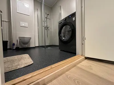 a washing machine in a bathroom with a toilet at Ålesund Campus Apartments in Ålesund