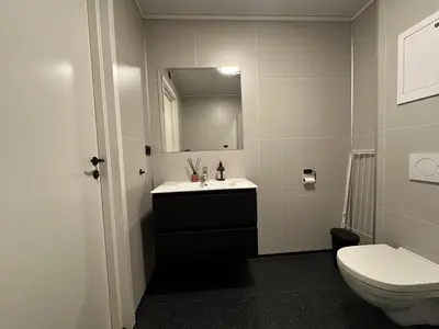 a bathroom with a sink and a toilet and a mirror at Ålesund Campus Apartments in Ålesund