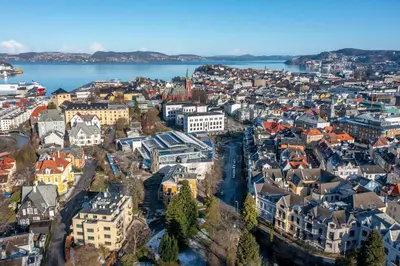 an aerial view of a city with buildings at Bright City Apartment - Perfect Central Stay in Bergen