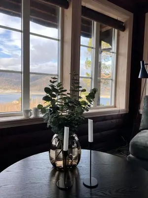 a vase with a plant on a table with two candles at Drøm deg bort til fjells Velkommen til en perle av en hytte in Masfjorden