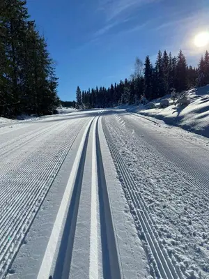 an open road with tire tracks in the snow at Atmospheric Log Cabin By Myllavannet
