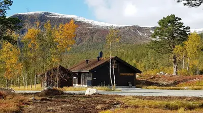 a small cabin with a mountain in the background at Sørbølhytta by Norgesbooking - cabin in Flå, close to Bjørneparken in Flå