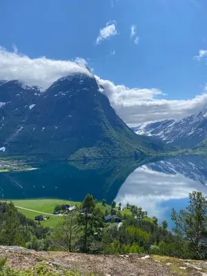 a view of a mountain and a lake at Faleide Grandview in Stryn