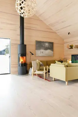 a living room with a couch and a fireplace at Modern Light Neo Cabin On Bjefell in Svene
