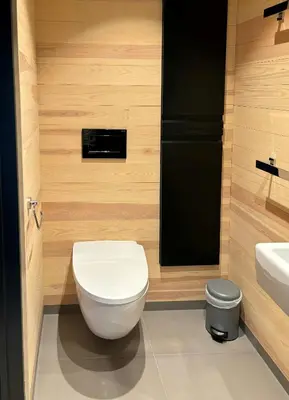 a bathroom with a white toilet and a sink at Modern Light Neo Cabin On Bjefell in Svene