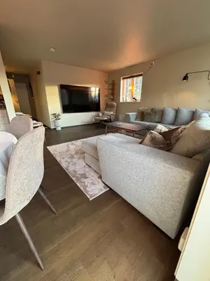 a living room with a couch and a television at Røldal ski in ski out in Håra