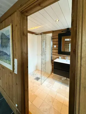 a bathroom with a glass shower and a sink at Timber Cabin With Views Over Golsfjellet in Gol
