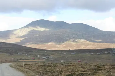 a road in a field with a mountain in the background at Fjellhytte i Valdres, rett ved nasjonalpark og turstier in Robøle