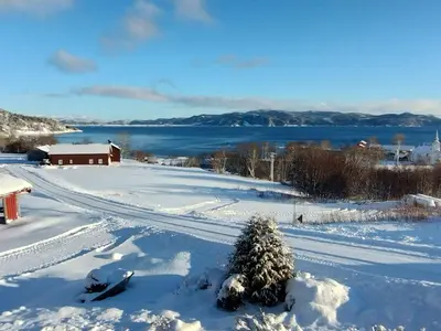 a snow covered road with a christmas tree in the snow at Stort hus med havutsikt ved fjord og fjell med båt in Lensvik