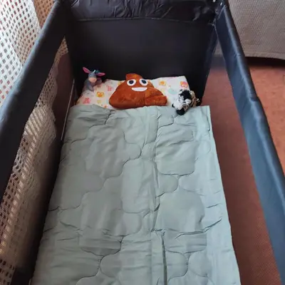 a bed with two dogs laying in it at Leilighet nær E4 i sentrum av Eina in Eina