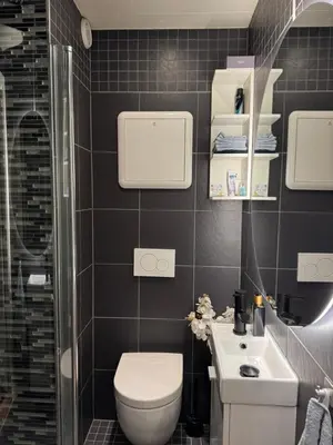 a bathroom with a toilet and a sink and a shower at CozyStay Beside Historic Bryggen in Bergen