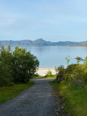 a gravel road leading to a beach next to the water at Idyllisk overnatting i dome ved sandstrand in Langenes