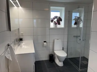 a bathroom with a toilet and a sink and a window at Modern apartment in Voss in Vossevangen