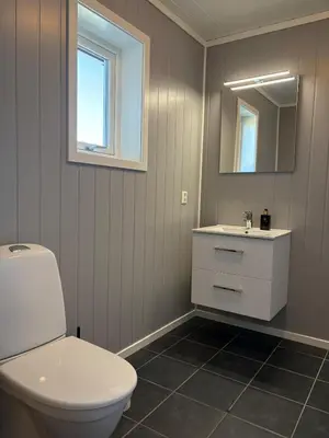 a bathroom with a white toilet and a sink at Modern apartment in Voss in Vossevangen