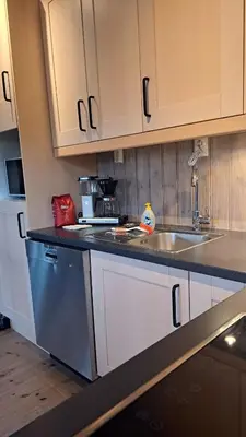 a kitchen with white cabinets and a sink at Cozy Cottage in Rauland Vierli in Torvetjørn