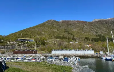 a bunch of boats docked in a marina with a mountain at 2 Bedroom Gorgeous Home In Ørsta in Ørsta