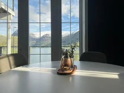 a potted plant sitting on a table in front of a window at Husslåttene apartments 2 in Skei
