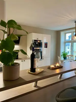 a kitchen with a table with a bottle of wine and a plant at Big apartment in central Aalesund in Ålesund