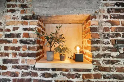 a brick wall with two plants and a light on a shelf at Spectacular Fjord getaway - The Forge in Leirgulen