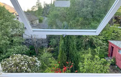 an overhead view of a garden with a window at Awesome Home In Sævareid With Lake View in Sævareid