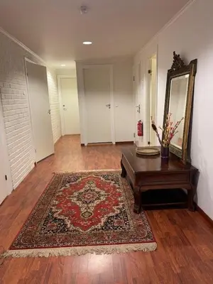 a hallway with a rug and a table and a mirror at Seljesanden Apartment in Selje