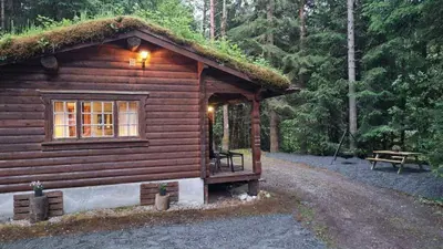 a log cabin with a window and a bench in the woods at Skogshytte in Holmøyane