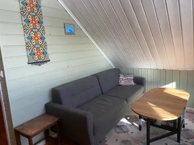 a living room with a couch and a table at Huset Utsikten på Langsjøvolden gård in Tolga
