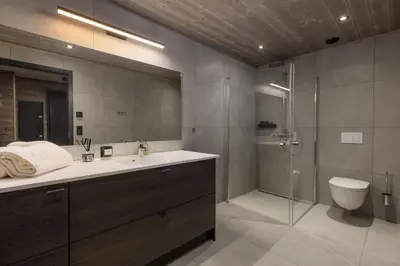 a bathroom with a sink and a shower and a toilet at New and exclusive chalet apartment with mountain panorama view in Tuv