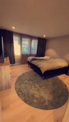 a bedroom with a bed and a rug at Penthouse apartment with sauna, balcony and free coffe in Bergen
